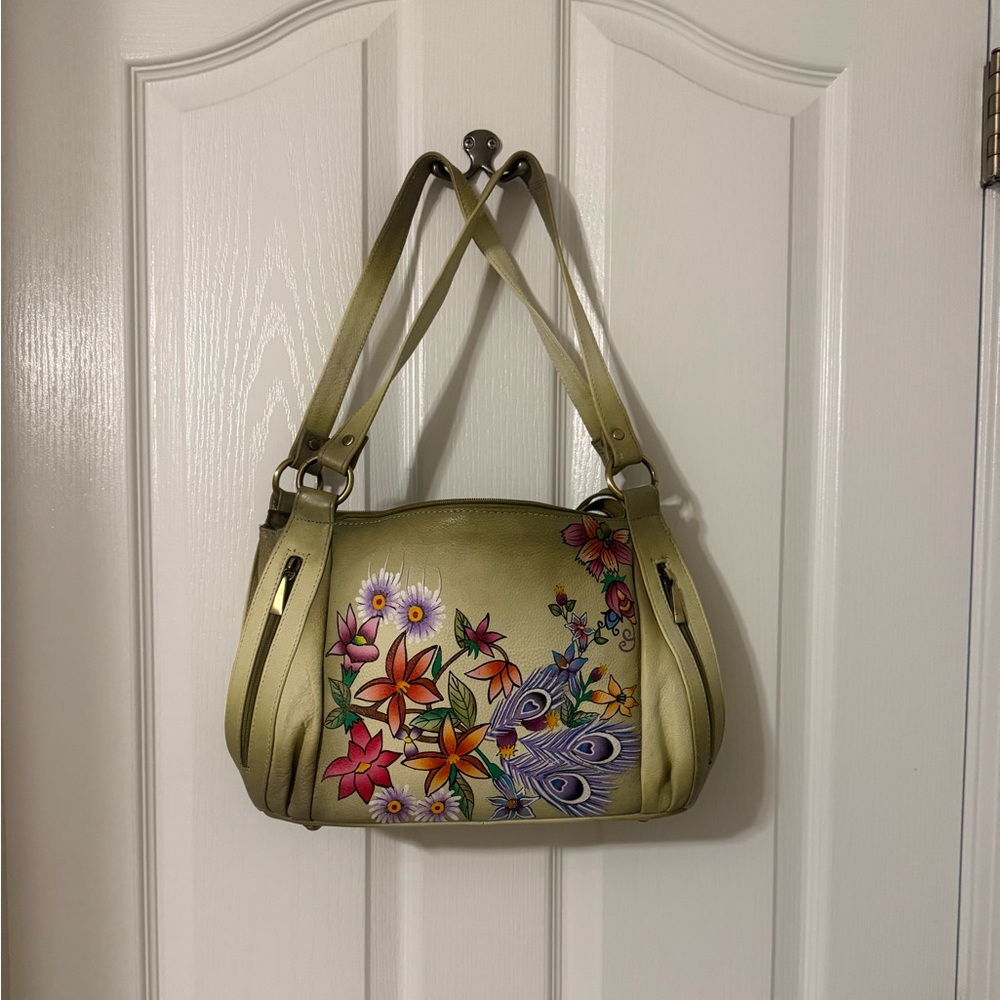 Artisanal Floral Hand Painted Green Leather Purse - NWOT